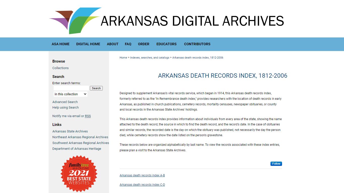 Arkansas death records index, 1812-2006